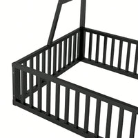 Twin Size Floor Bed Frame With Safety Fence And Storage Shelves For Kids Playhouse Design In White