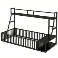 Twin Size Floor Bed Frame With Safety Fence And Storage Shelves For Kids Playhouse Design In White