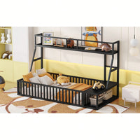 Twin Size Floor Bed Frame With Safety Fence And Storage Shelves For Kids Playhouse Design In White