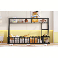 Twin Size Floor Bed Frame With Safety Fence And Storage Shelves For Kids Playhouse Design In White