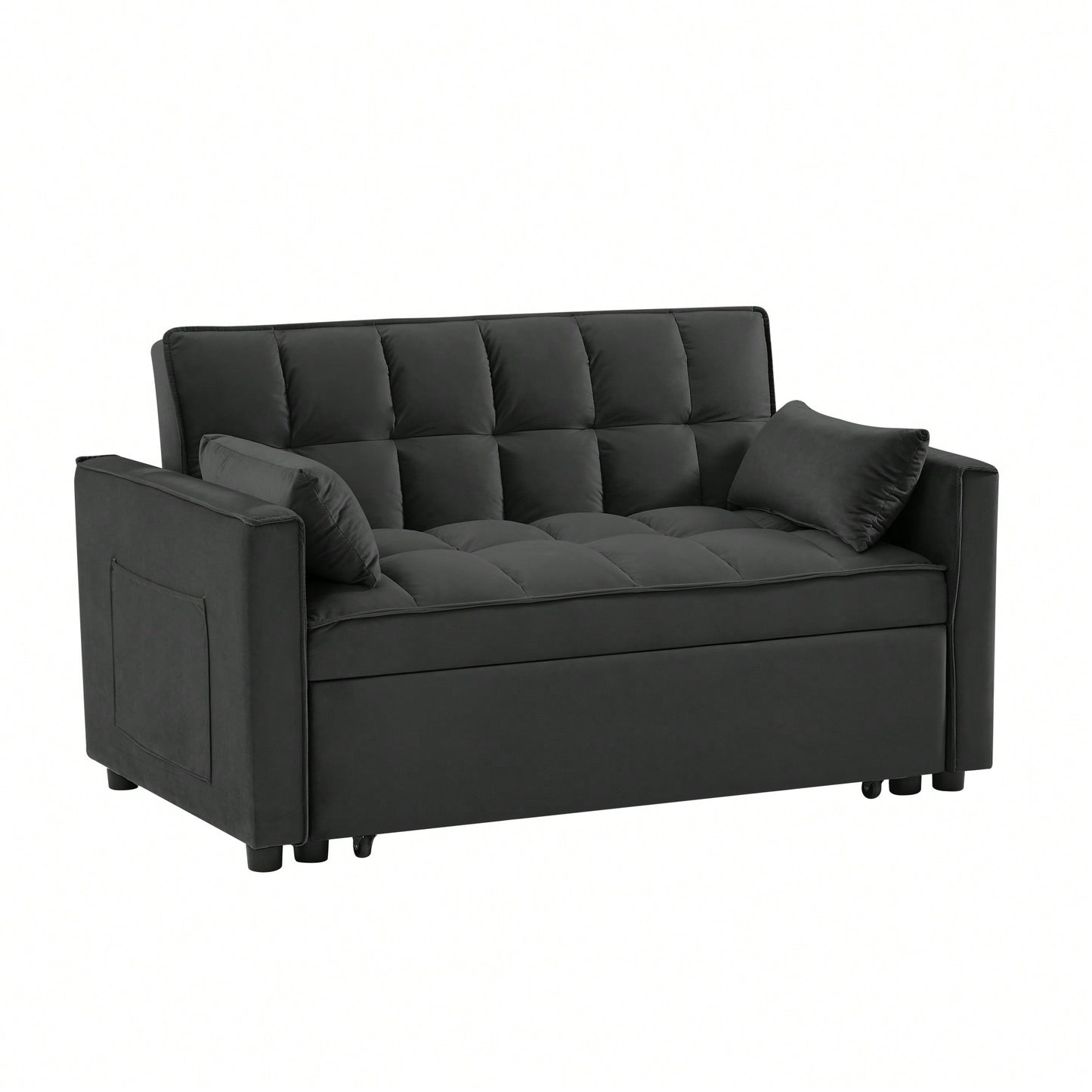 Elegant Convertible Velvet Loveseat Futon Sofa With Pullout Bed And Reclining Backrest, Perfect For Living Room, Includes Toss Pillows And Storage Pockets, Versatile 3 In 1 Sleeper Sofa Bed, Black