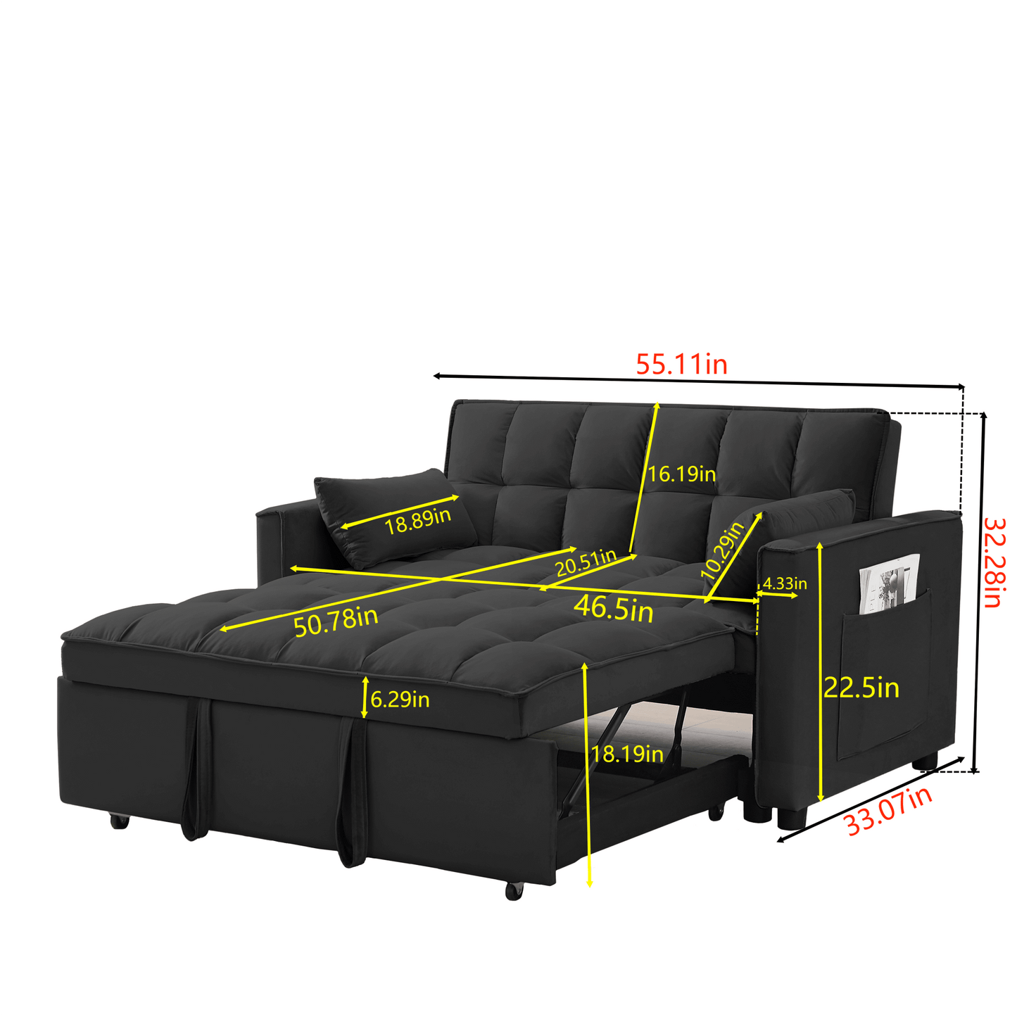 Elegant Convertible Velvet Loveseat Futon Sofa With Pullout Bed And Reclining Backrest, Perfect For Living Room, Includes Toss Pillows And Storage Pockets, Versatile 3 In 1 Sleeper Sofa Bed, Black