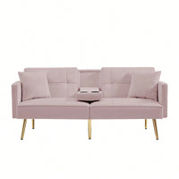 Stylish Pink Velvet Futon Sofa Bed With Elegant Gold Metal Legs For Modern Living Spaces