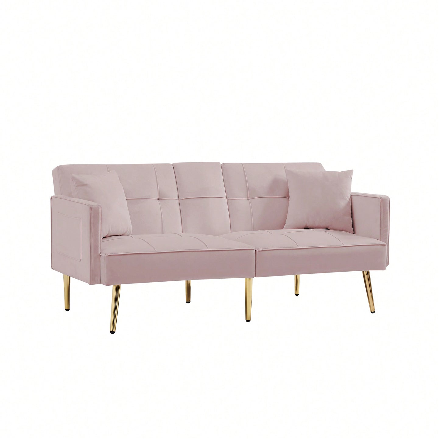 Stylish Pink Velvet Futon Sofa Bed With Elegant Gold Metal Legs For Modern Living Spaces