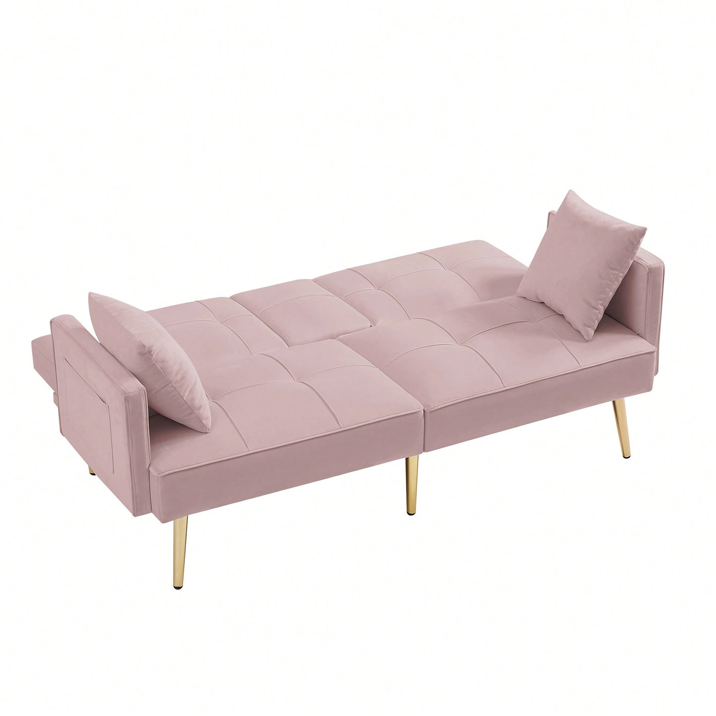 Stylish Pink Velvet Futon Sofa Bed With Elegant Gold Metal Legs For Modern Living Spaces