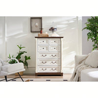 Rustic 7 Drawer Wooden Dresser Chest For Bedroom And Living Room Storage With Base And Riser Trim