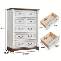 Rustic 7 Drawer Wooden Dresser Chest For Bedroom And Living Room Storage With Base And Riser Trim