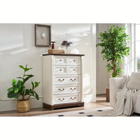 Rustic 7 Drawer Wooden Dresser Chest For Bedroom And Living Room Storage With Base And Riser Trim