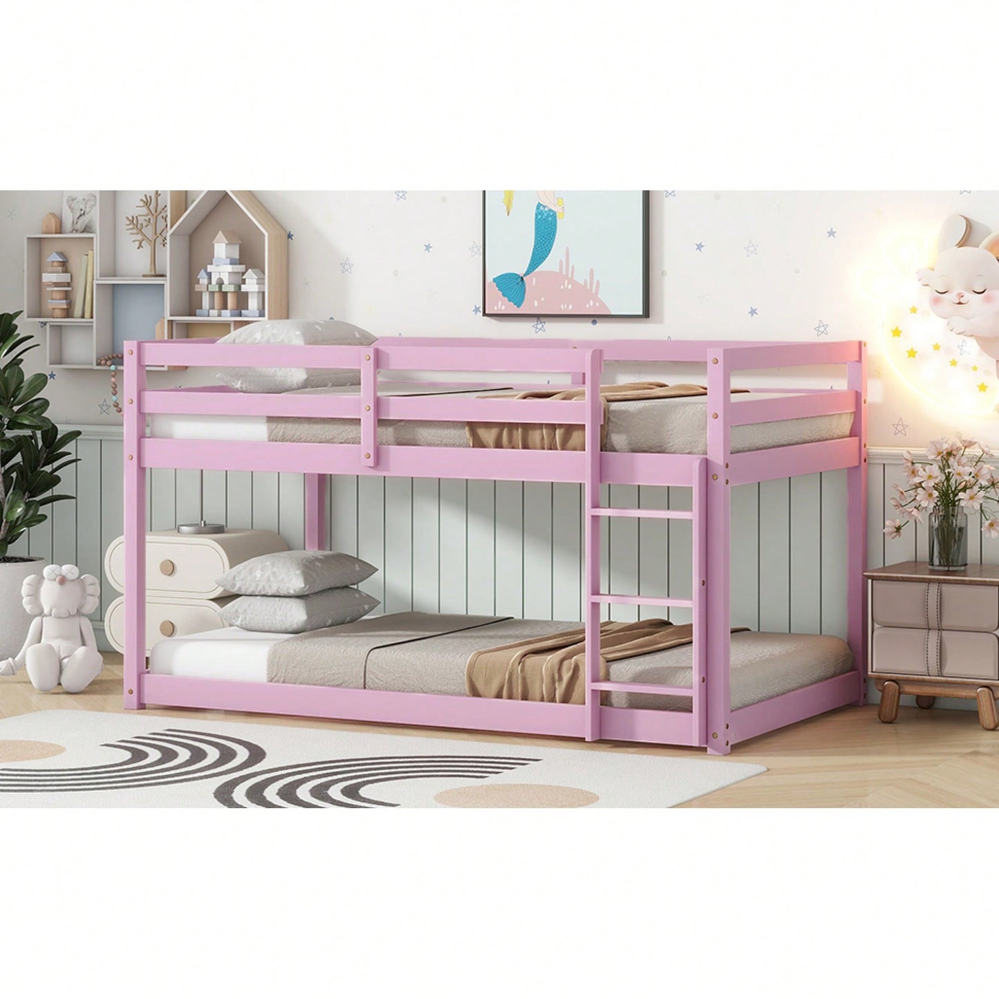 Solid Wooden Twin Loft Bed With Ladder And Strengthened Slats In Pink