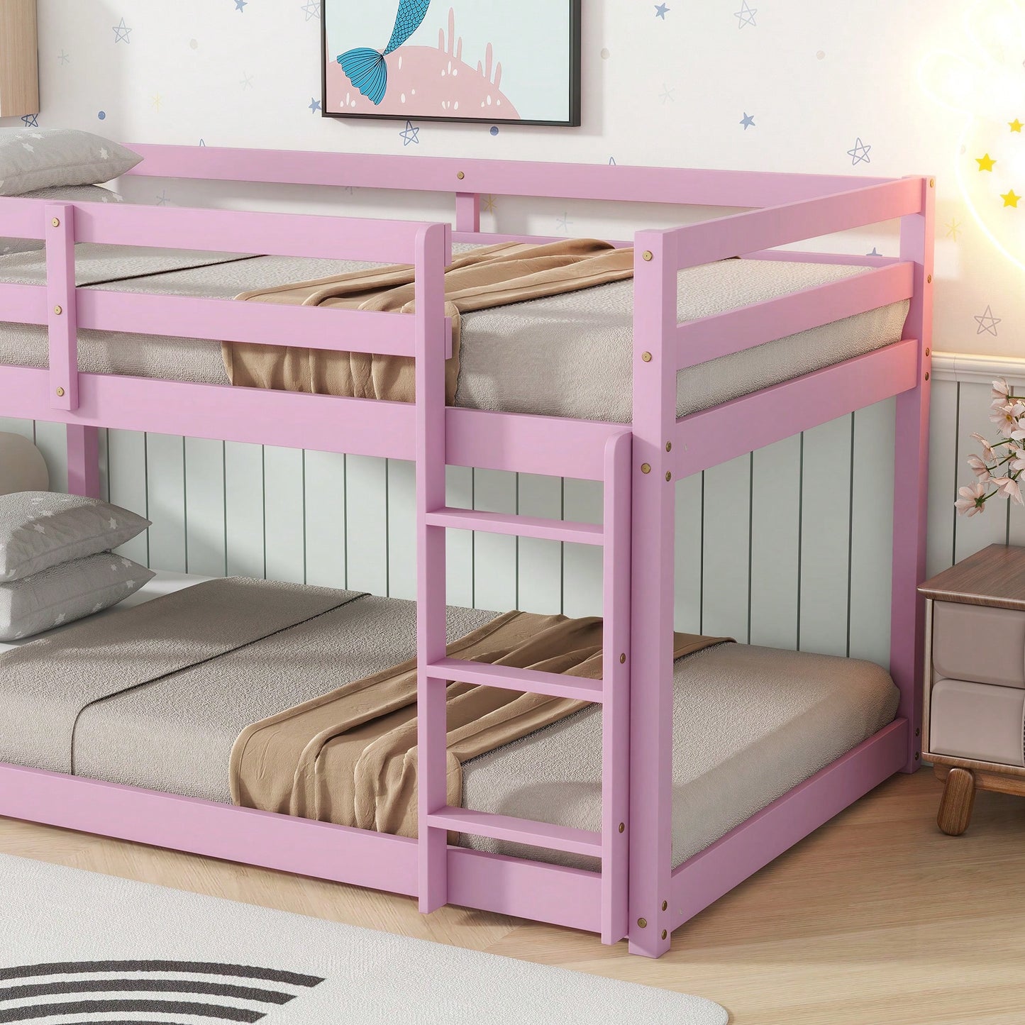 Solid Wooden Twin Loft Bed With Ladder And Strengthened Slats In Pink