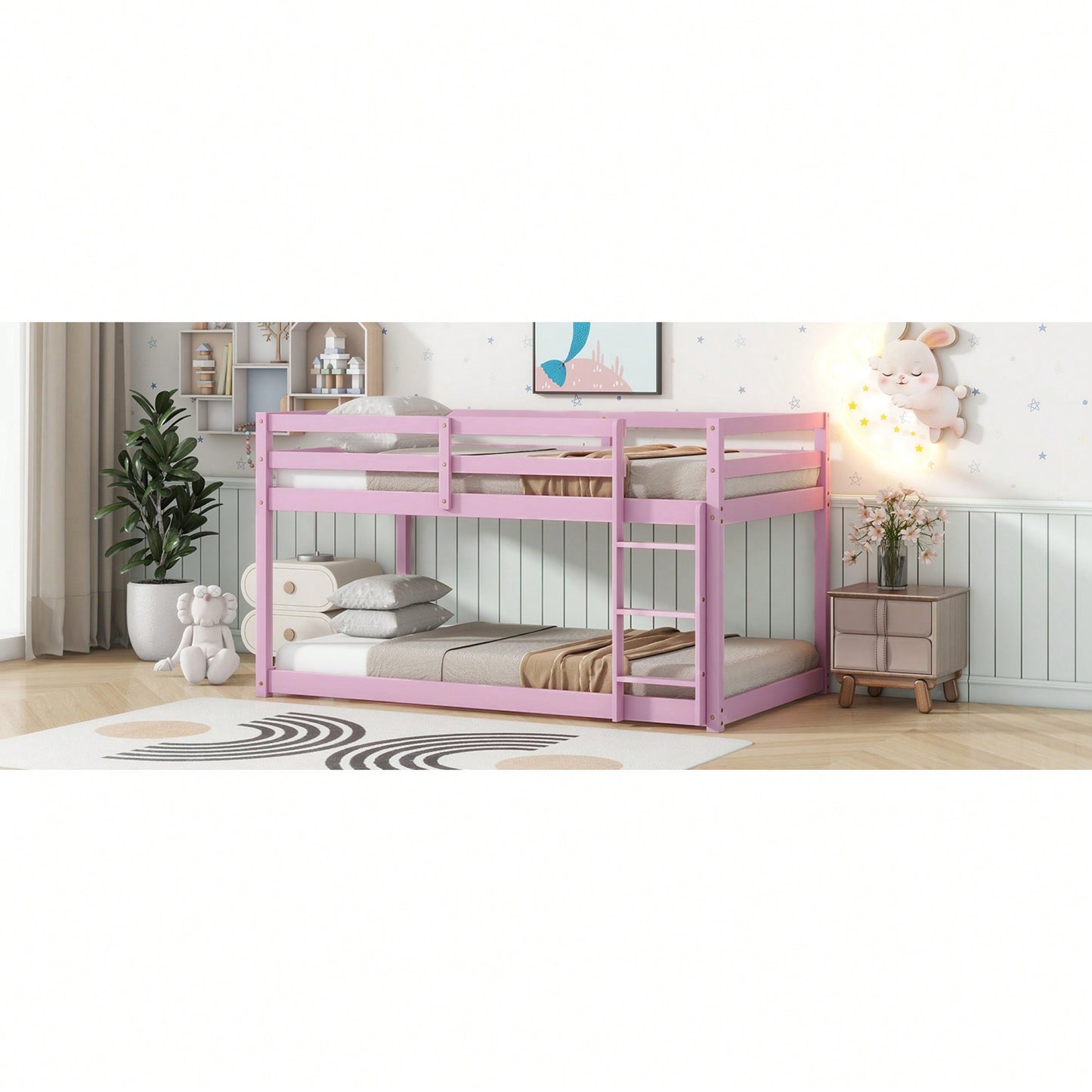 Solid Wooden Twin Loft Bed With Ladder And Strengthened Slats In Pink