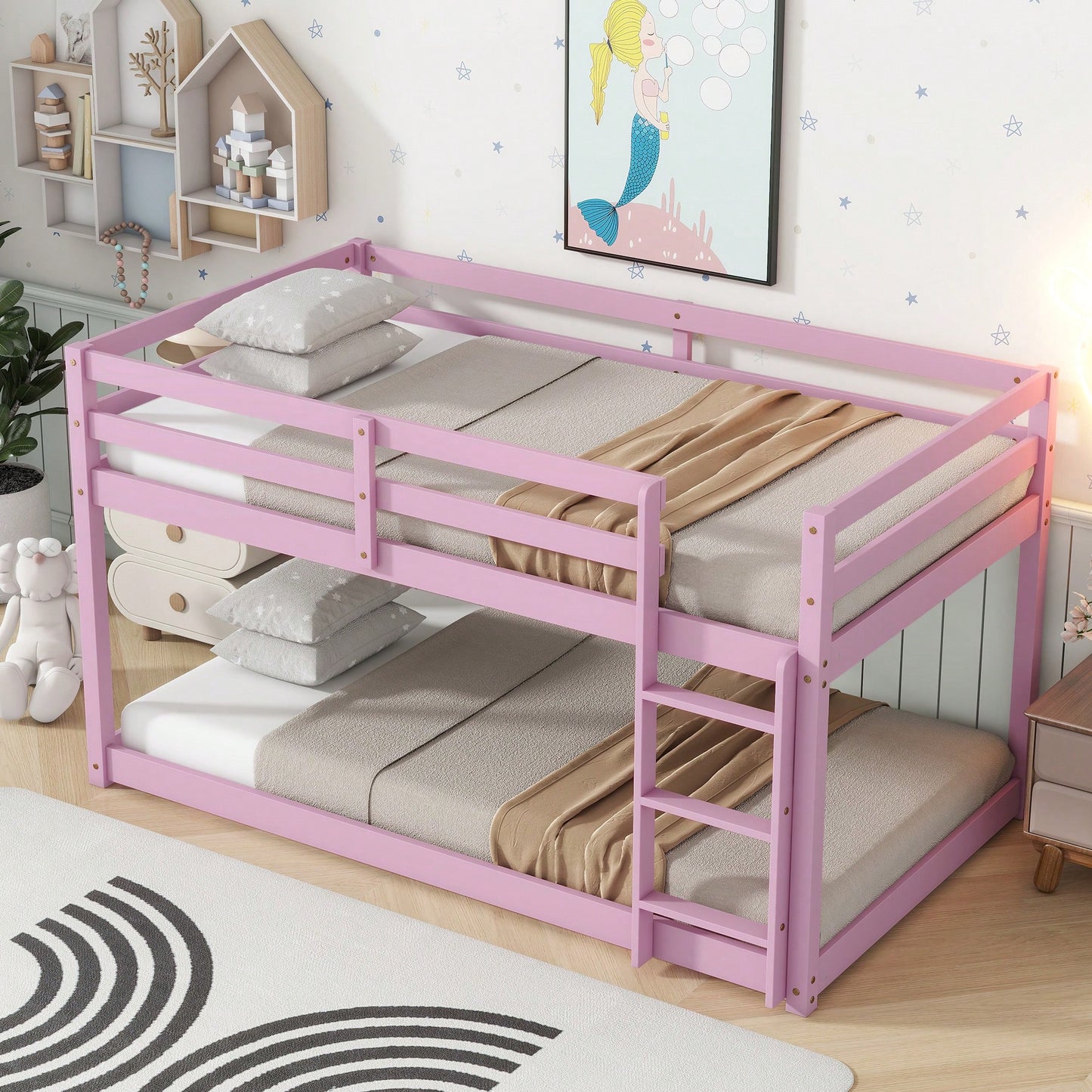 Solid Wooden Twin Loft Bed With Ladder And Strengthened Slats In Pink