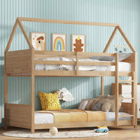Twin Over Twin Bunk Bed With Headboards And Guardrails, Wooden Frame With Ladder And Safety Features, White Oak Finish