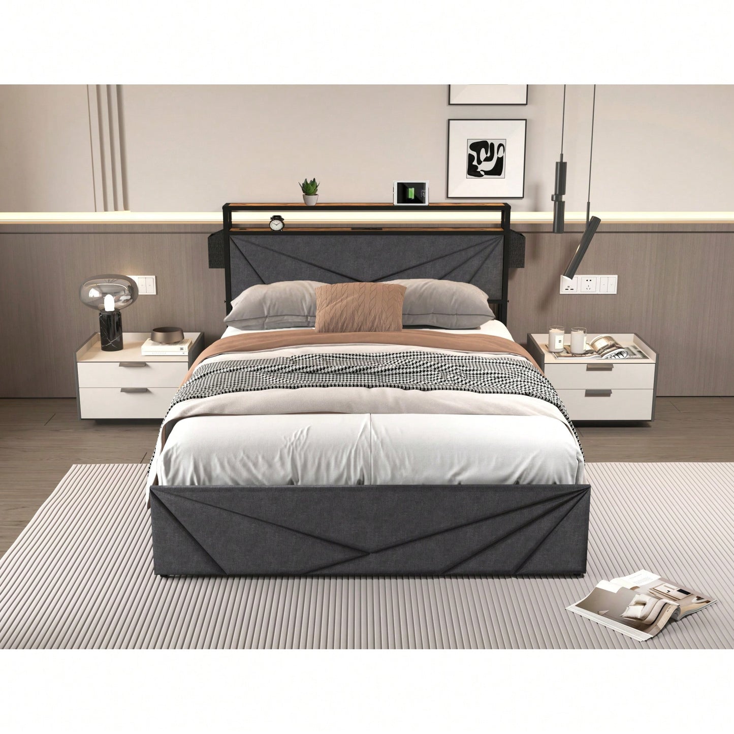 Full Size Bed Frame With Storage Headboard And Charging Station, Sturdy Design, Noise-Free, No Box Spring Required, Easy To Assemble