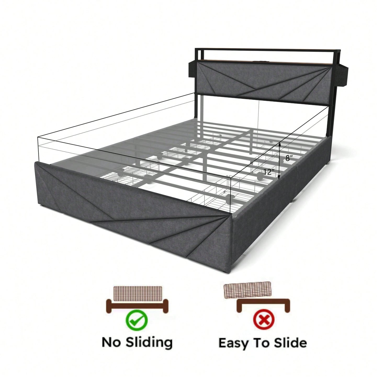 Full Size Bed Frame With Storage Headboard And Charging Station, Sturdy Design, Noise-Free, No Box Spring Required, Easy To Assemble