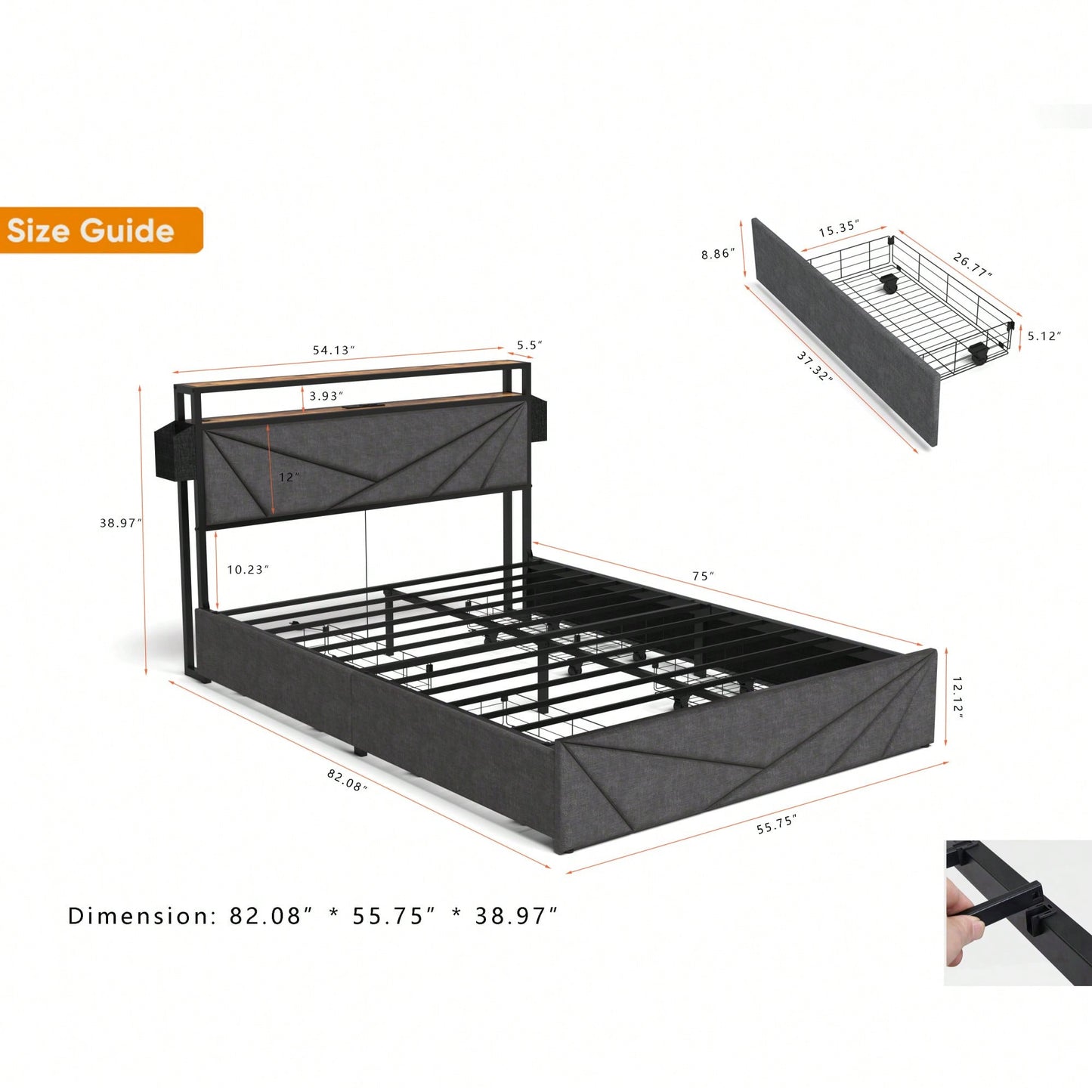 Full Size Bed Frame With Storage Headboard And Charging Station, Sturdy Design, Noise-Free, No Box Spring Required, Easy To Assemble