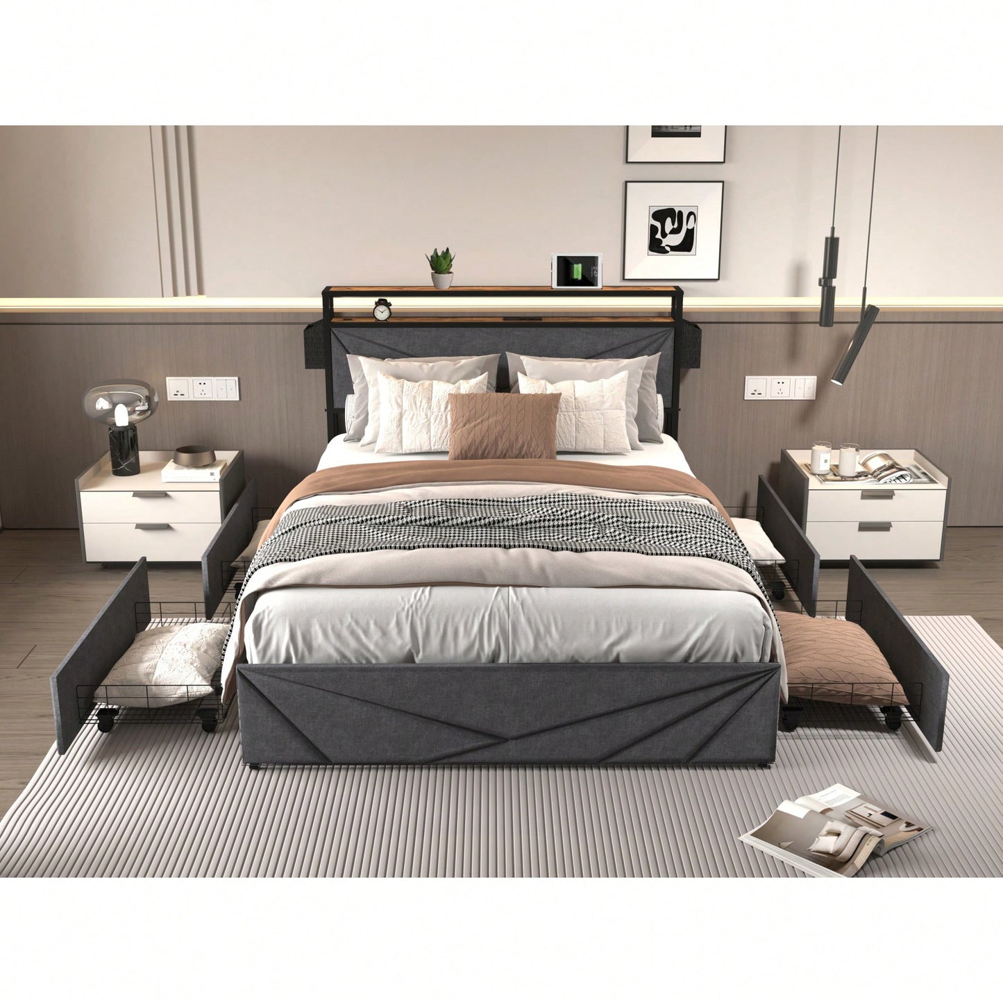 LED Queen Bed Frame With Storage Headboard And Charging Station Noise Free Easy Assembly No Box Spring Required