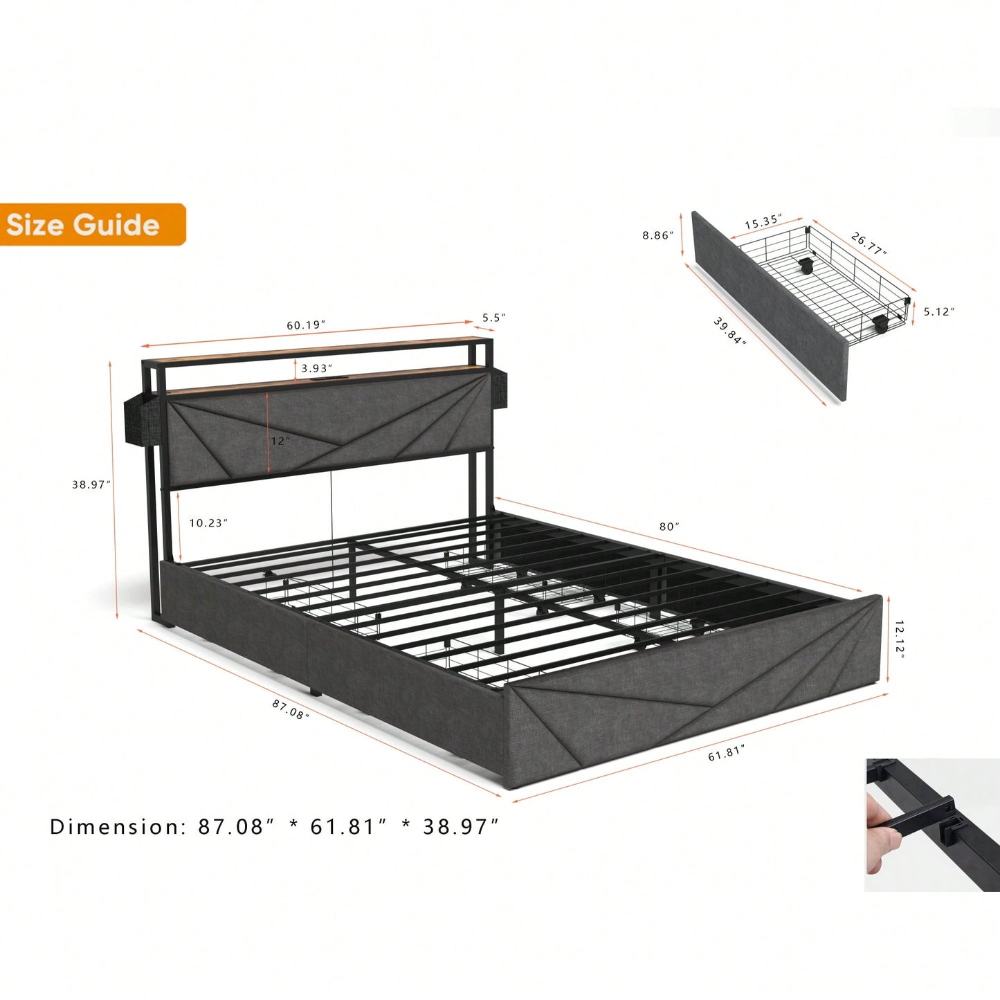 LED Queen Bed Frame With Storage Headboard And Charging Station Noise Free Easy Assembly No Box Spring Required