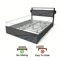 LED Queen Bed Frame With Storage Headboard And Charging Station Noise Free Easy Assembly No Box Spring Required