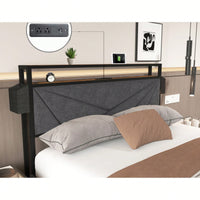 LED Queen Bed Frame With Storage Headboard And Charging Station Noise Free Easy Assembly No Box Spring Required