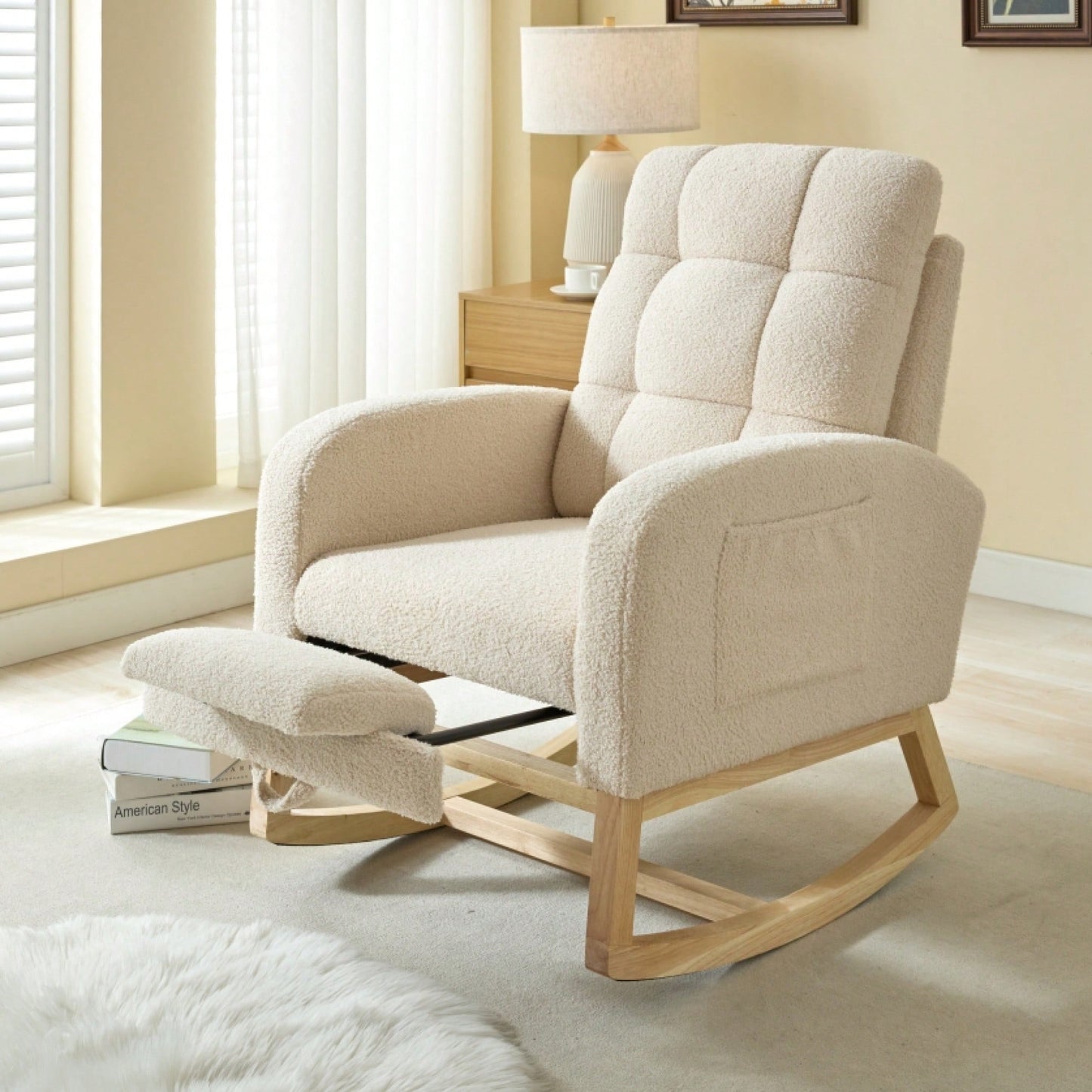 Teddy Accent Rocking Chair With Solid Wood Legs Adjustable Footrest And Side Pocket Comfy High Backrest Living Room Lounge Armchair Beige