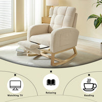 Teddy Accent Rocking Chair With Solid Wood Legs Adjustable Footrest And Side Pocket Comfy High Backrest Living Room Lounge Armchair Beige