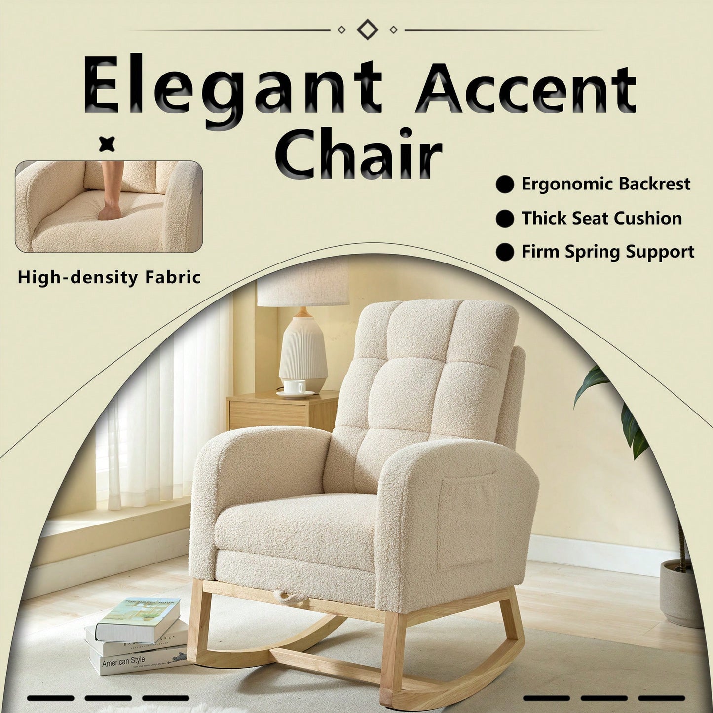 Teddy Accent Rocking Chair With Solid Wood Legs Adjustable Footrest And Side Pocket Comfy High Backrest Living Room Lounge Armchair Beige