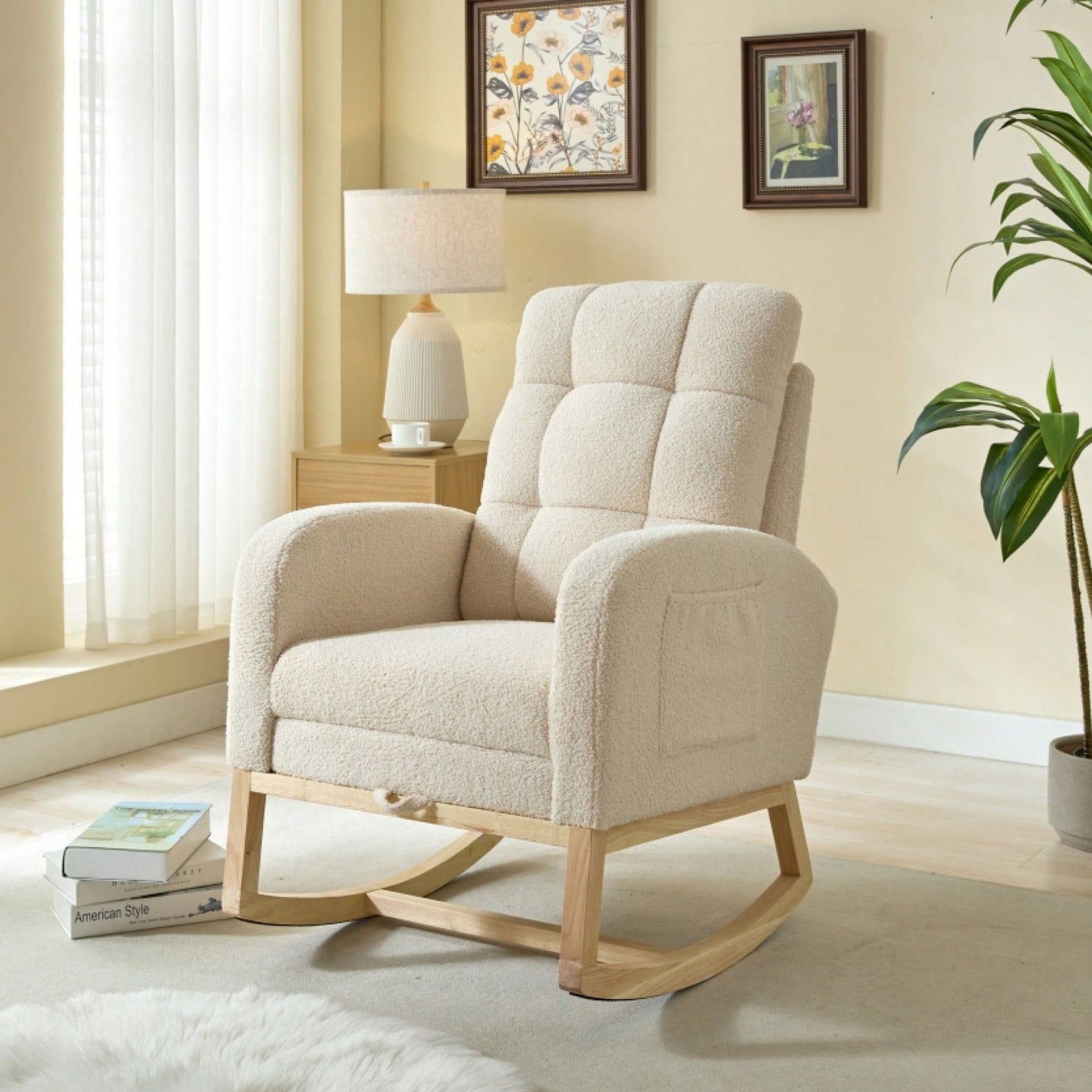 Teddy Accent Rocking Chair With Solid Wood Legs Adjustable Footrest And Side Pocket Comfy High Backrest Living Room Lounge Armchair Beige