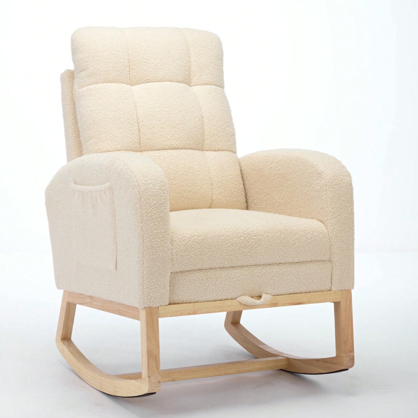 Teddy Accent Rocking Chair With Solid Wood Legs Adjustable Footrest And Side Pocket Comfy High Backrest Living Room Lounge Armchair Beige