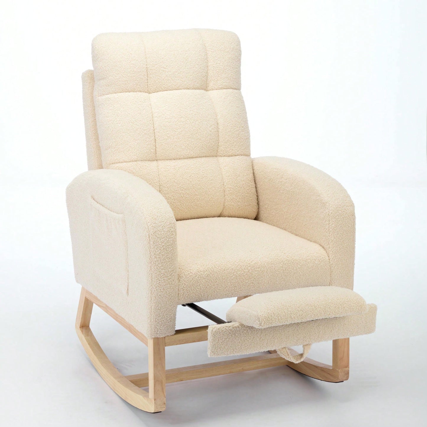 Teddy Accent Rocking Chair With Solid Wood Legs Adjustable Footrest And Side Pocket Comfy High Backrest Living Room Lounge Armchair Beige