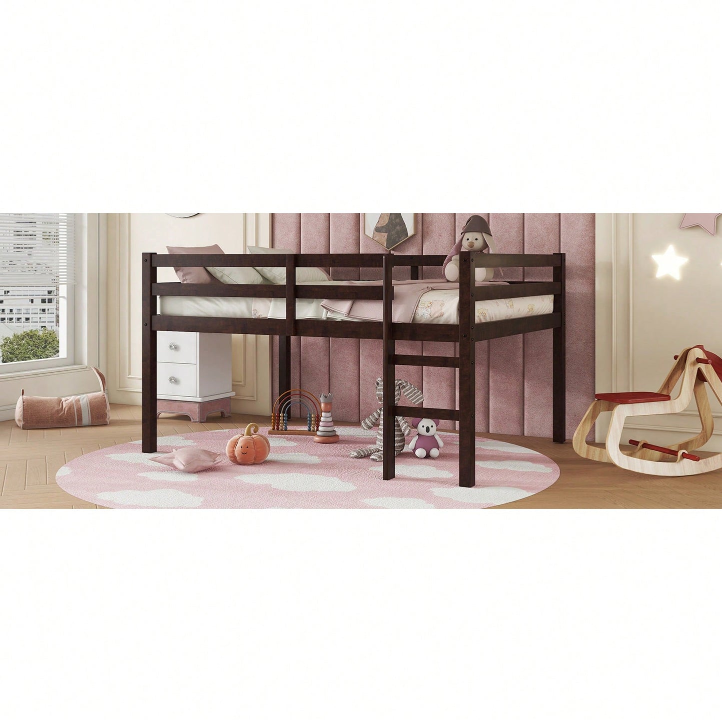 Full Rubber Wood Loft Bed With Ladder For Space-Saving Sleep Solutions