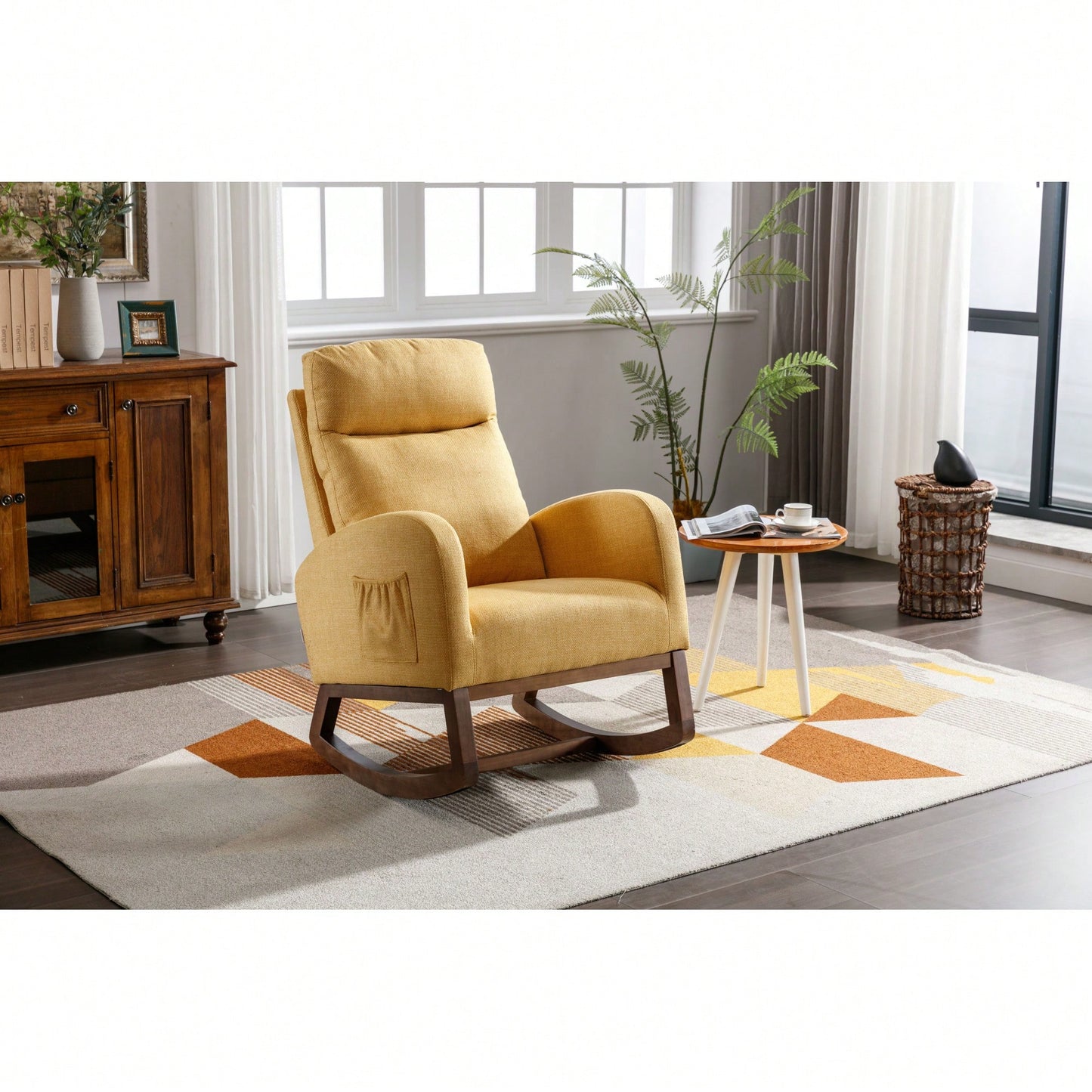 Stylish Modern Glider Recliner Armchair With Wooden Legs And Side Pocket For Nursery Or Living Room In Yellow Linen