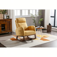 Stylish Modern Glider Recliner Armchair With Wooden Legs And Side Pocket For Nursery Or Living Room In Yellow Linen