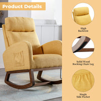 Stylish Modern Glider Recliner Armchair With Wooden Legs And Side Pocket For Nursery Or Living Room In Yellow Linen