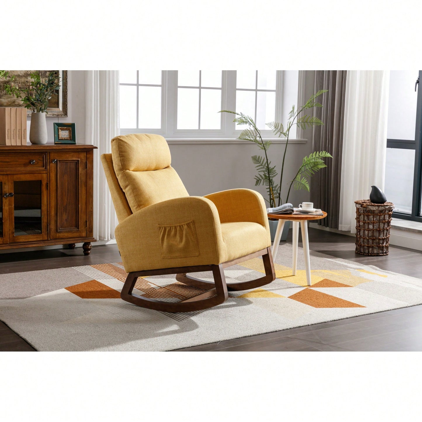 Stylish Modern Glider Recliner Armchair With Wooden Legs And Side Pocket For Nursery Or Living Room In Yellow Linen