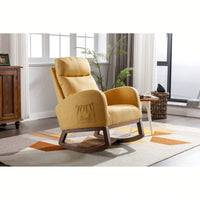 Stylish Modern Glider Recliner Armchair With Wooden Legs And Side Pocket For Nursery Or Living Room In Yellow Linen