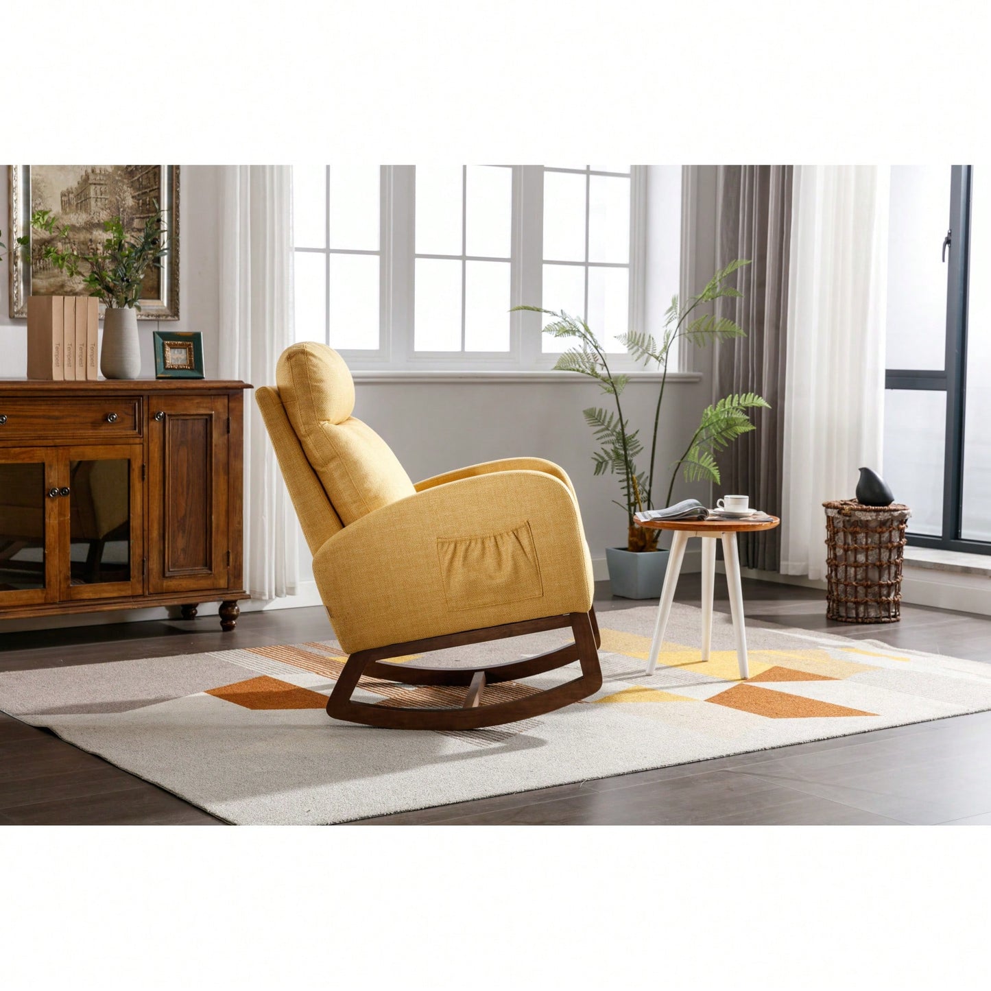 Stylish Modern Glider Recliner Armchair With Wooden Legs And Side Pocket For Nursery Or Living Room In Yellow Linen