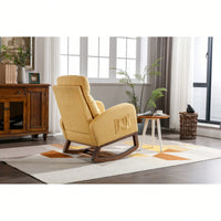 Stylish Modern Glider Recliner Armchair With Wooden Legs And Side Pocket For Nursery Or Living Room In Yellow Linen