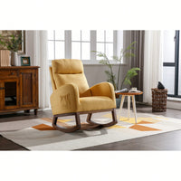 Stylish Modern Glider Recliner Armchair With Wooden Legs And Side Pocket For Nursery Or Living Room In Yellow Linen