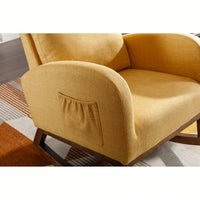 Stylish Modern Glider Recliner Armchair With Wooden Legs And Side Pocket For Nursery Or Living Room In Yellow Linen