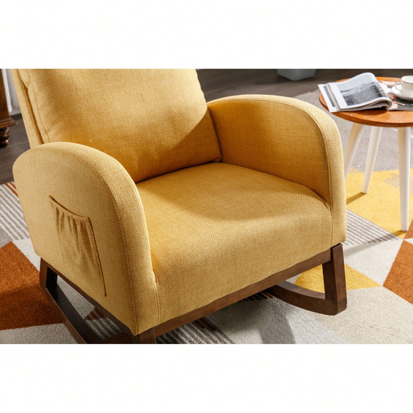 Stylish Modern Glider Recliner Armchair With Wooden Legs And Side Pocket For Nursery Or Living Room In Yellow Linen