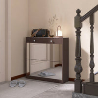 Elegant Mirror Shoe Cabinet With Dual Tier Drawers And Single Drawer Storage For Entryway And Bedroom In Brown Finish