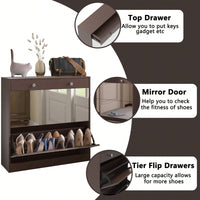 Elegant Mirror Shoe Cabinet With Dual Tier Drawers And Single Drawer Storage For Entryway And Bedroom In Brown Finish