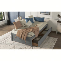 Solid Wood Twin Bed With 2 Storage Drawers, No Box Spring Required, Grey Finish