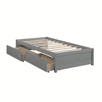 Solid Wood Twin Bed With 2 Storage Drawers, No Box Spring Required, Grey Finish