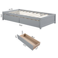 Solid Wood Twin Bed With 2 Storage Drawers, No Box Spring Required, Grey Finish