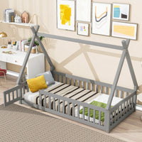Twin Tent-Shaped Floor Bed With Guardrails And Slats In Grey For Safe And Cozy Sleep Space