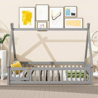 Twin Tent-Shaped Floor Bed With Guardrails And Slats In Grey For Safe And Cozy Sleep Space