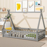Twin Tent-Shaped Floor Bed With Guardrails And Slats In Grey For Safe And Cozy Sleep Space