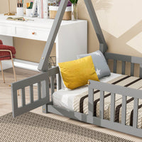 Twin Tent-Shaped Floor Bed With Guardrails And Slats In Grey For Safe And Cozy Sleep Space